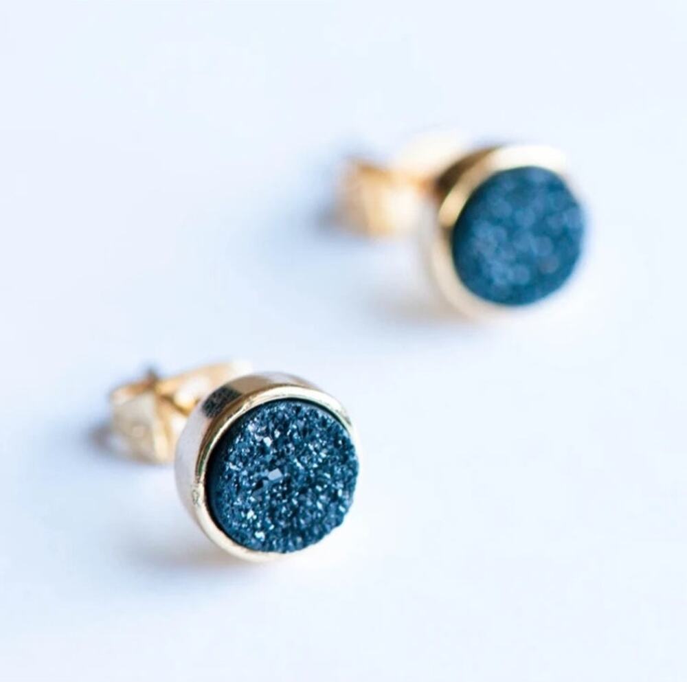 NEW ANTHROPOLOGIE Dark Navy Blue 18kt Gold Druzy Stone Natural Gemstone Earring